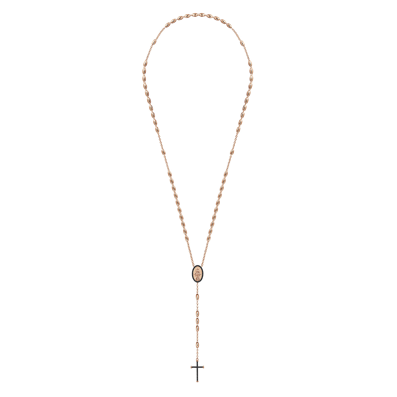 27 Inch Black Diamond Cross Rosary Solid Men's Link Chain Necklace in 14K Rose Gold, photograph 2