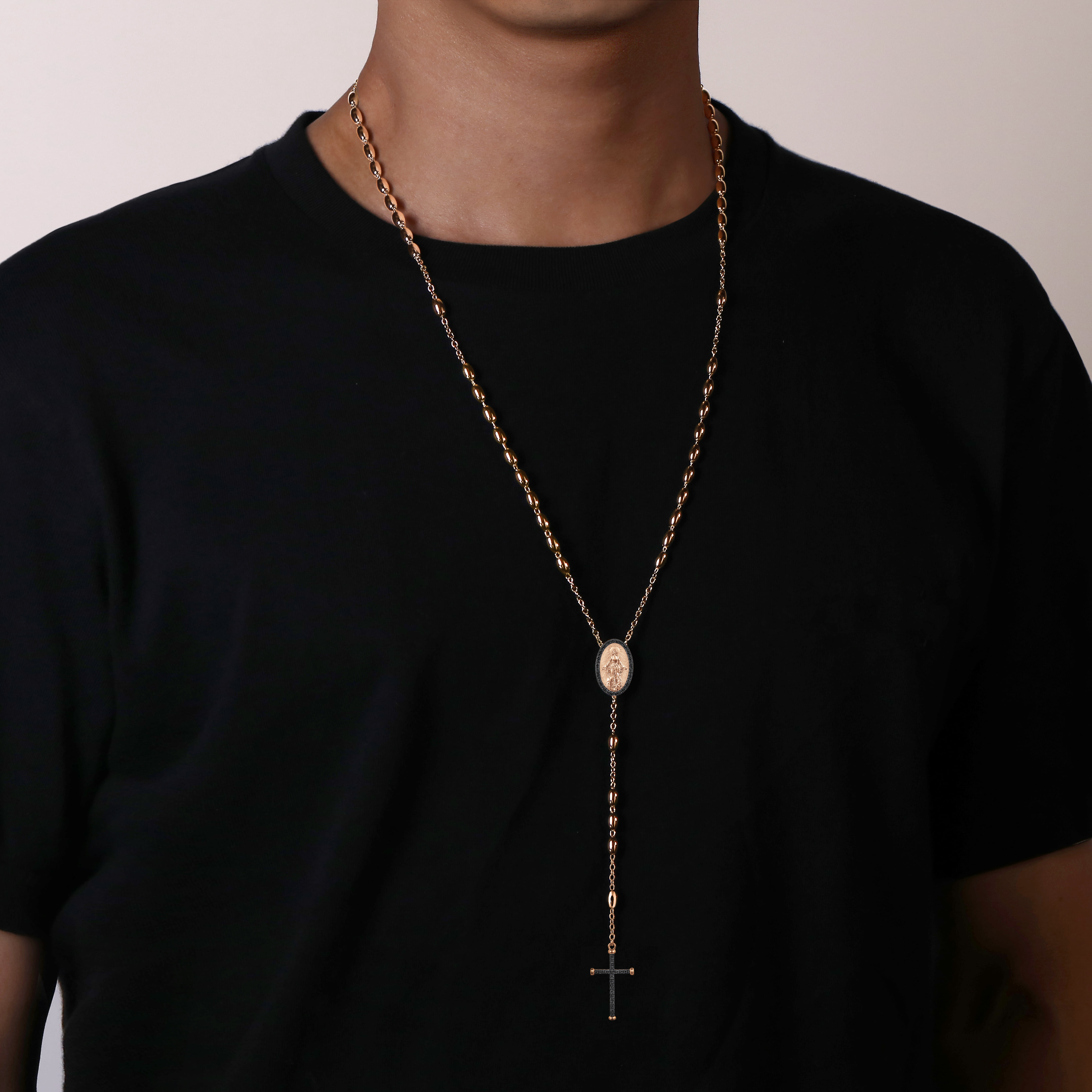 27 Inch Black Diamond Cross Rosary Solid Men's Link Chain Necklace in 14K Rose Gold, photograph 3