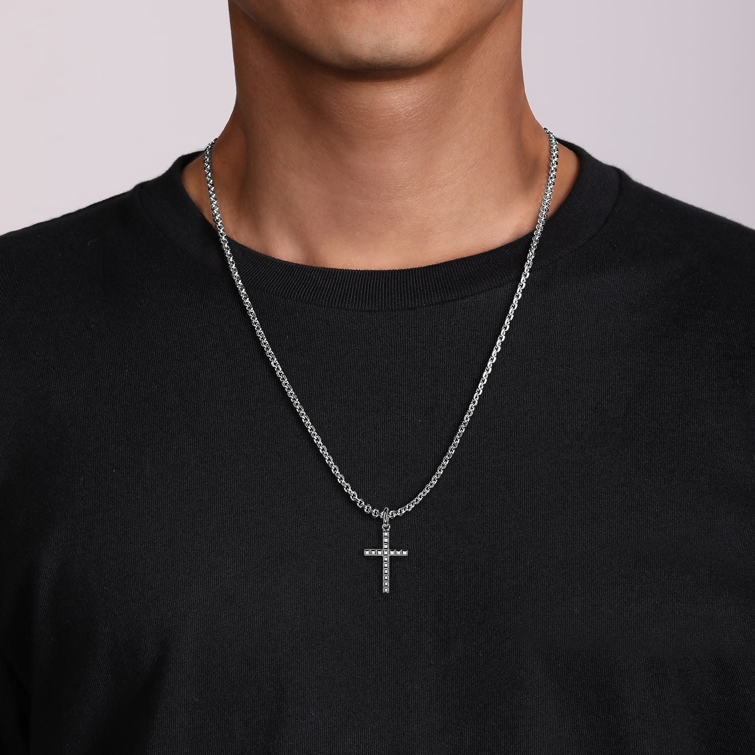 Square Station Mini Cross Pendant in Sterling Silver, photograph 4