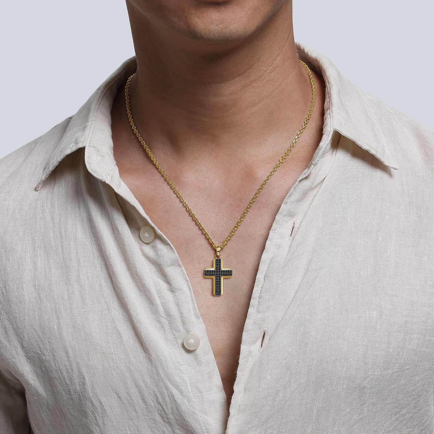 Black Diamond Cross Pendant in 14K Yellow Gold, photograph 4