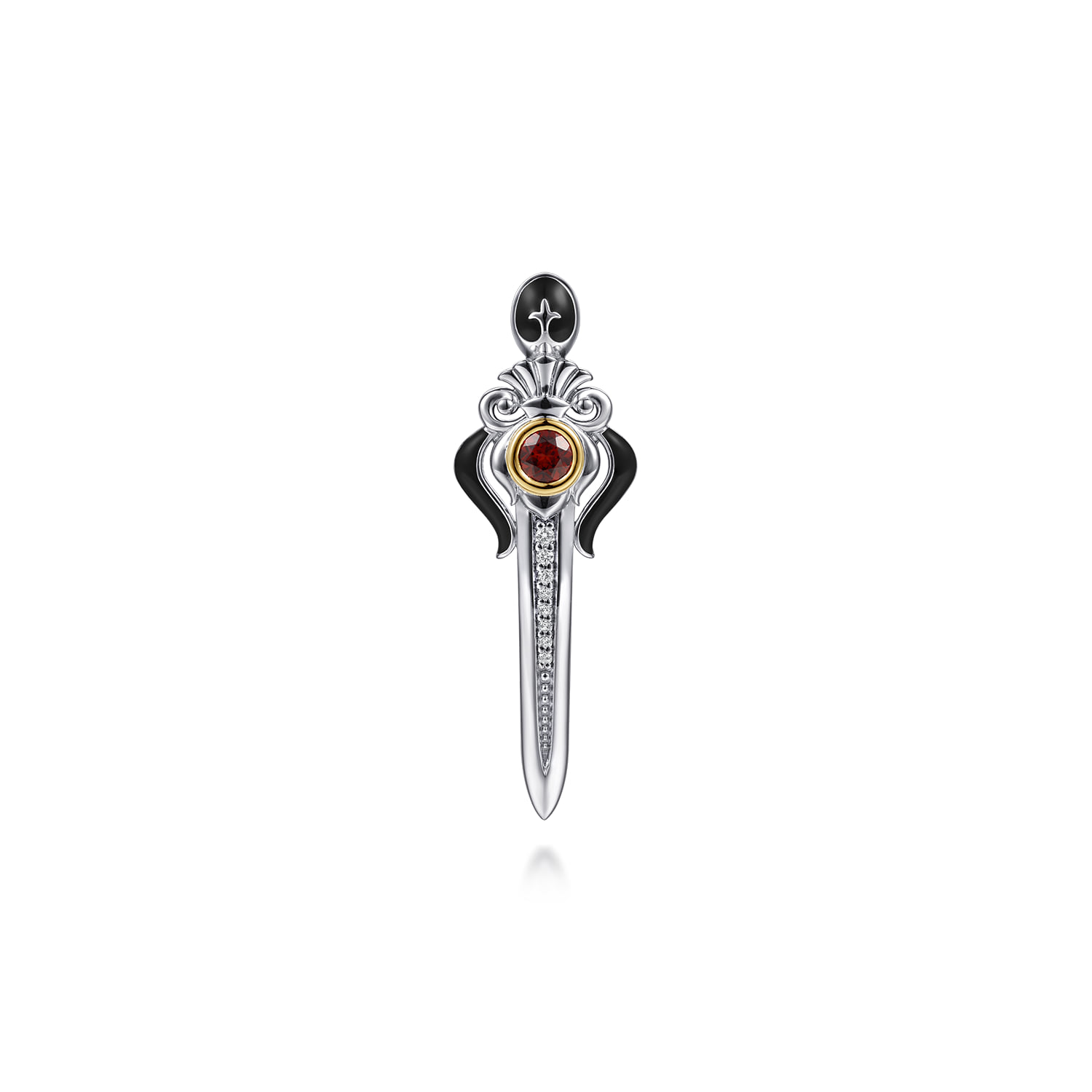 and Garnet and White Sapphire Dagger Mens Pin with Black Enamel