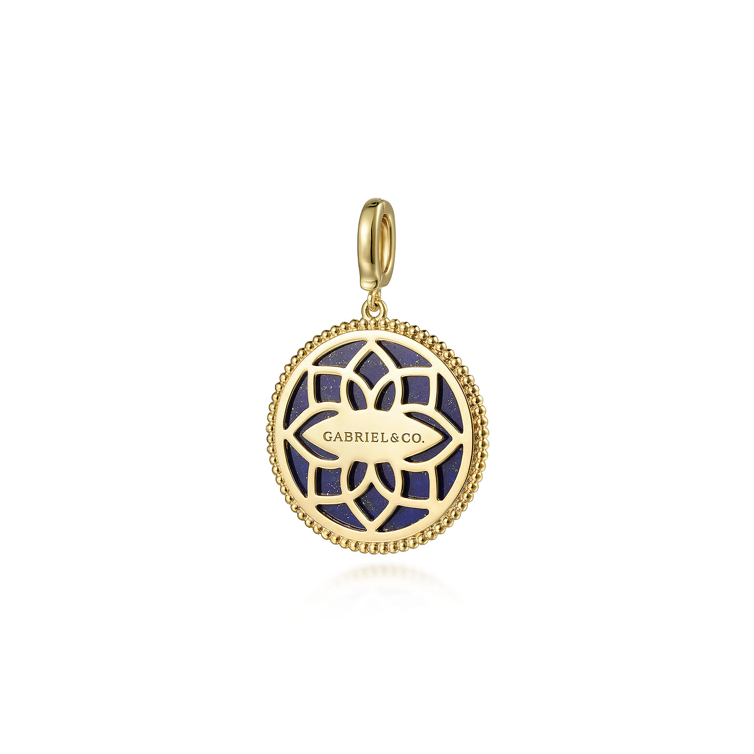 Round Lapis Inlay Medallion Pendant in size 24mm With Detachable Bail in 14K Yellow Gold, photograph 2