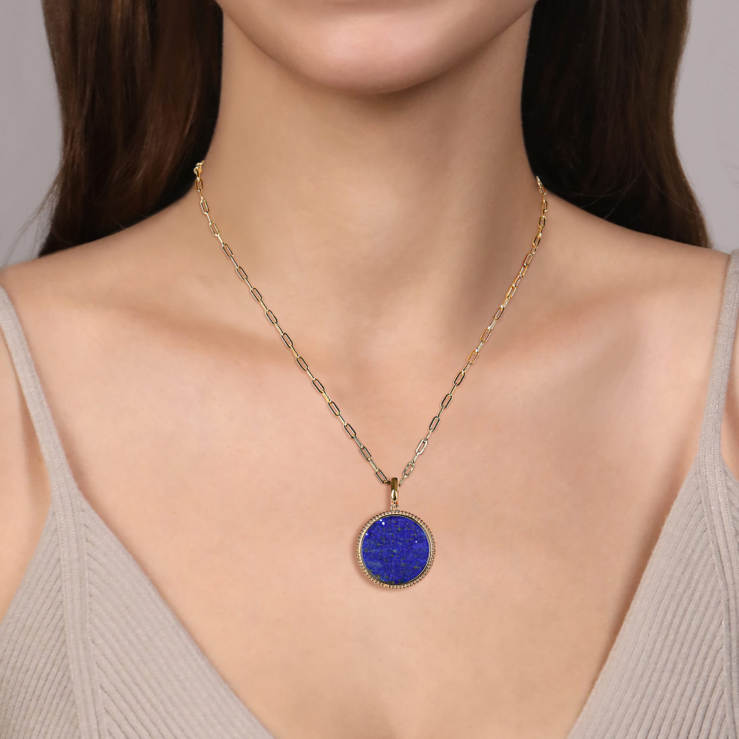 Round Lapis Inlay Medallion Pendant in size 24mm With Detachable Bail in 14K Yellow Gold, photograph 4