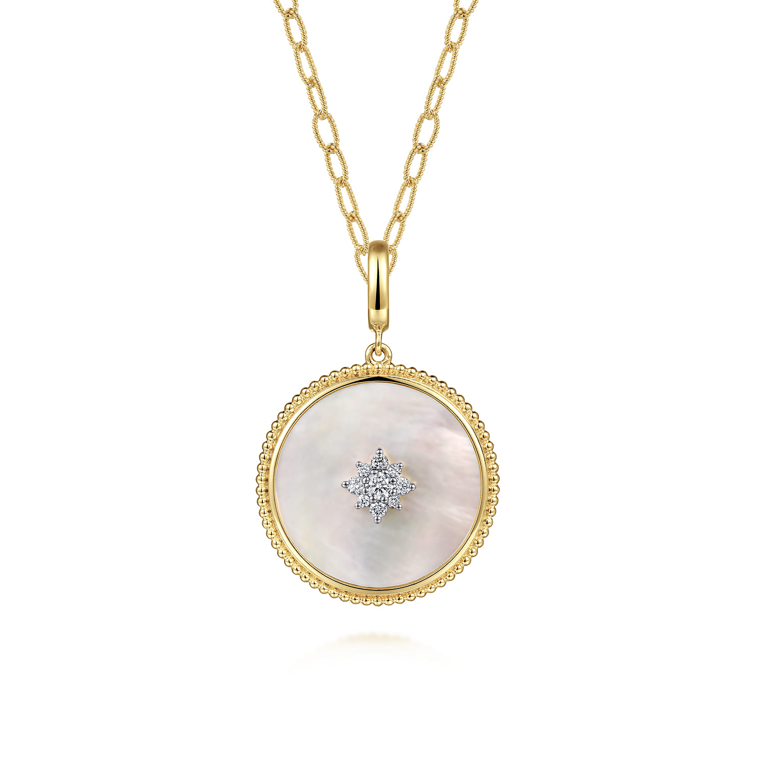 Bujukan Diamond Mother of Pearl Starburst Medallion Pendant With Detachable Bail in 14K Yellow Gold, photograph 3