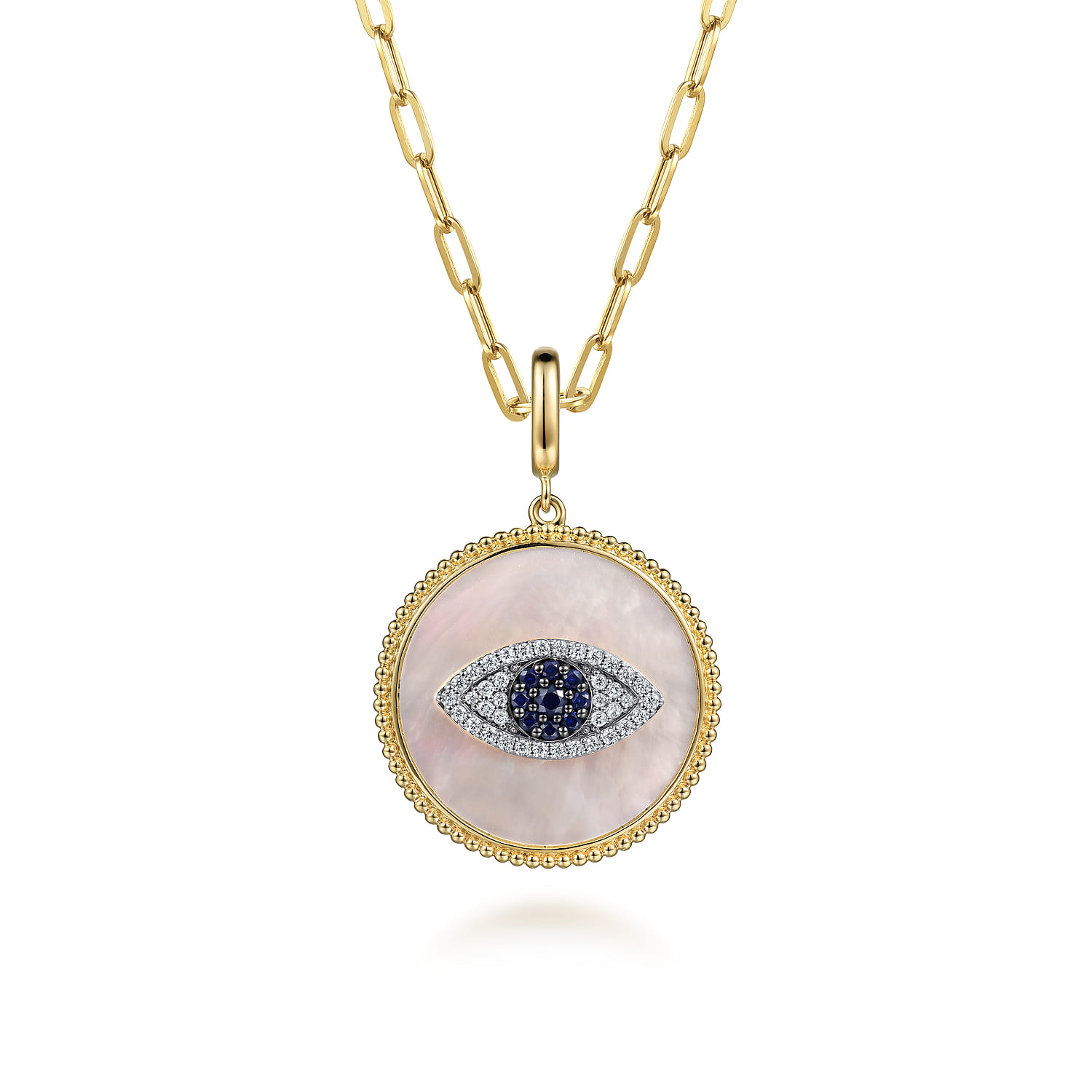 Diamond Sapphire and White Mother of Pearl Evil Eye Medallion Pendant With Detachable Bail in 14K Yellow Gold, photograph 3