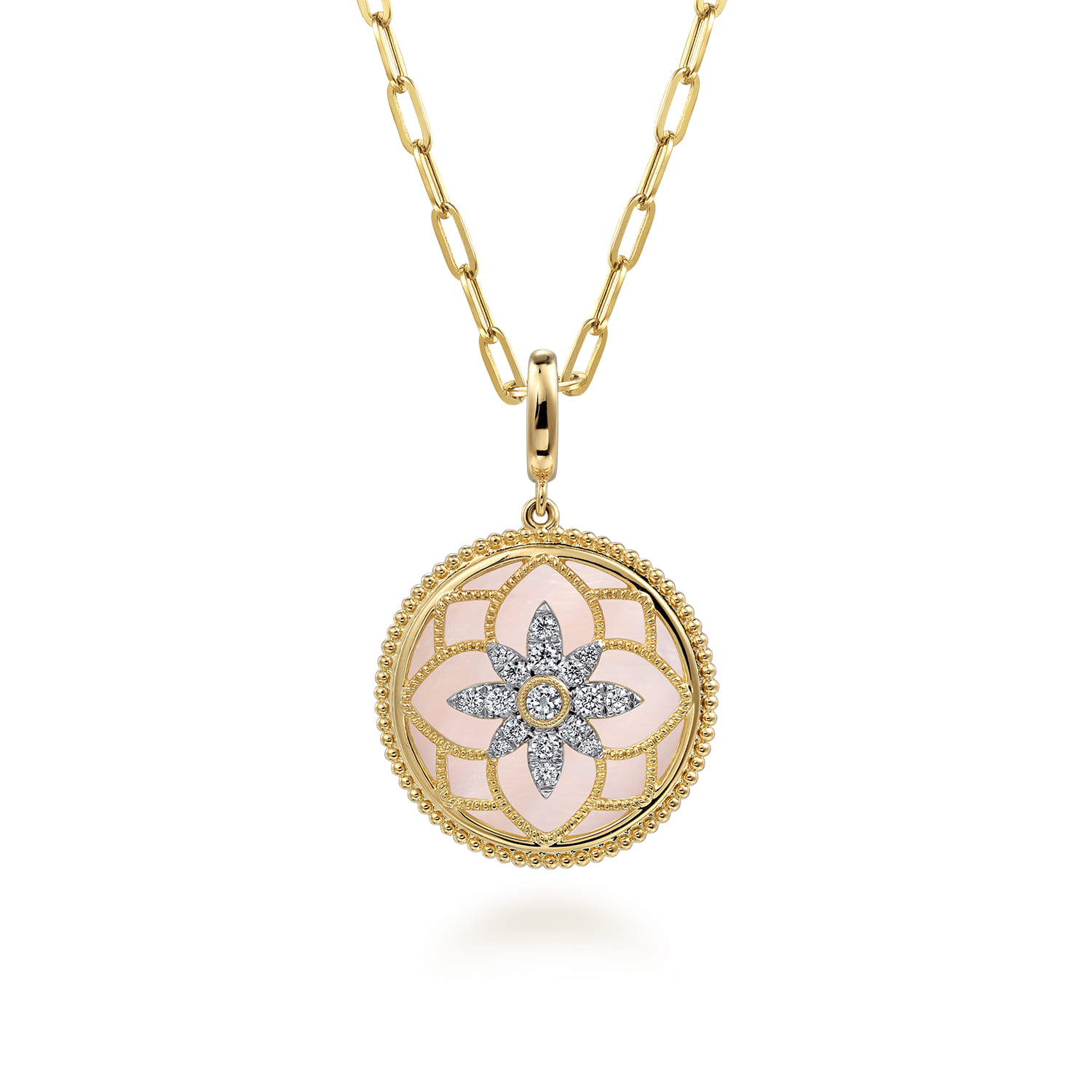 Bujukan Diamond and Pink Mother of Pearl Medallion Pendant in size 24mm With Detachable Bail in 14K Yellow Gold, photograph 3
