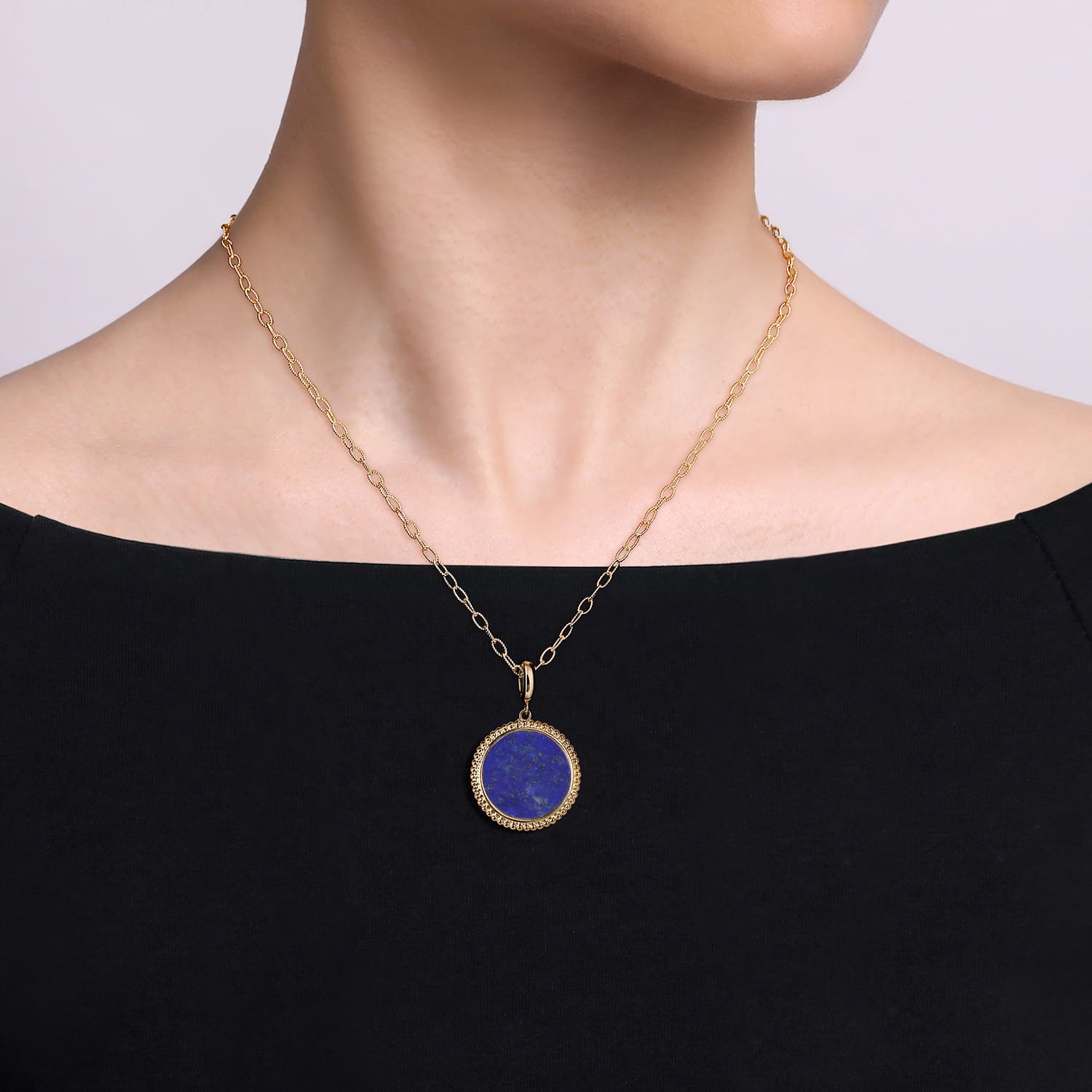 Round Lapis Inlay Pendant With Detachable Bail in 14K Yellow Gold, photograph 4