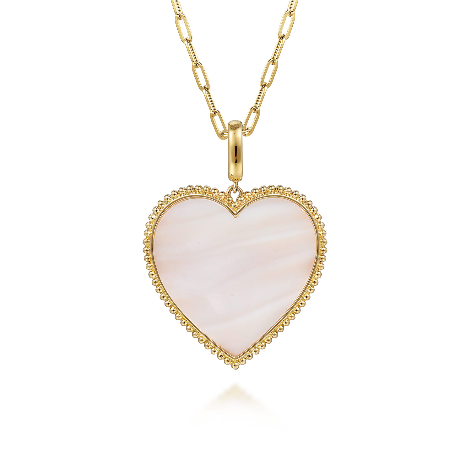 32mm Bujukan Heart Pink Mother of Pearl Pendant With Detachable Bail in 14K Yellow Gold, photograph 3