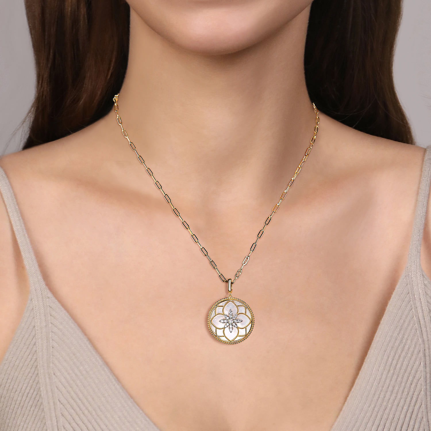 32mm Bujukan Diamond and Mother of Pearl Medallion Pendant With Detachable Bail in 14K Yellow Gold, photograph 4