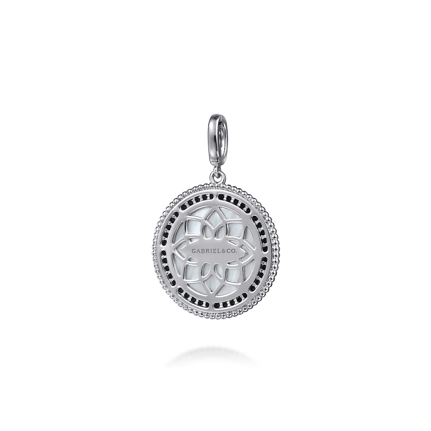 White Mother Pearl and Black Spinel Bujukan Medallion Pendant in size 24mm with Detachable Bail in Sterling Silver, photograph 2