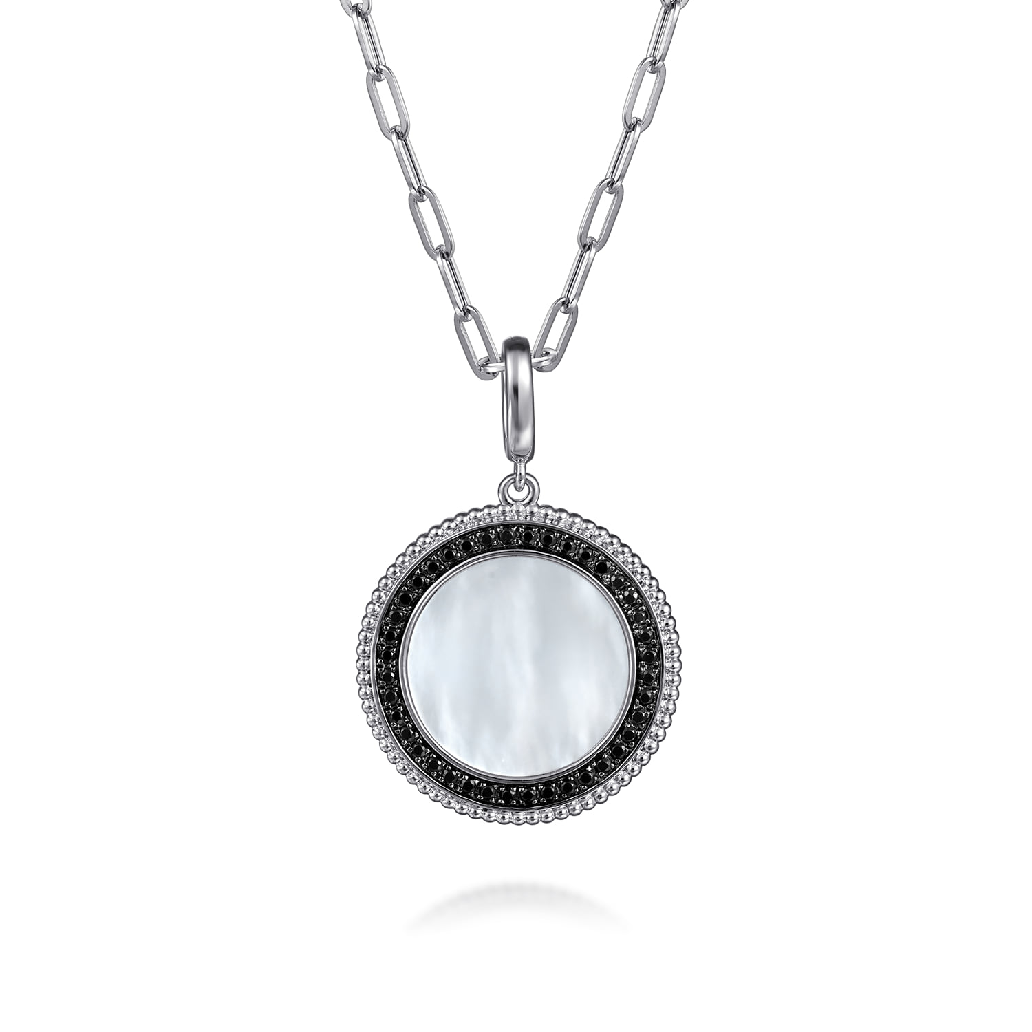 White Mother Pearl and Black Spinel Bujukan Medallion Pendant in size 24mm with Detachable Bail in Sterling Silver, photograph 3