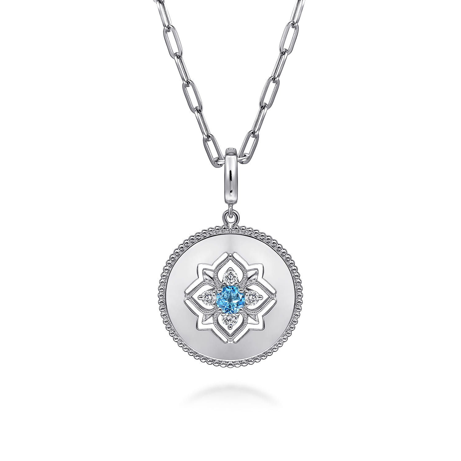 Medallion Pendant Blue Topaz and White Sapphire 24mm Bujukan in Sterling Silver, photograph 3