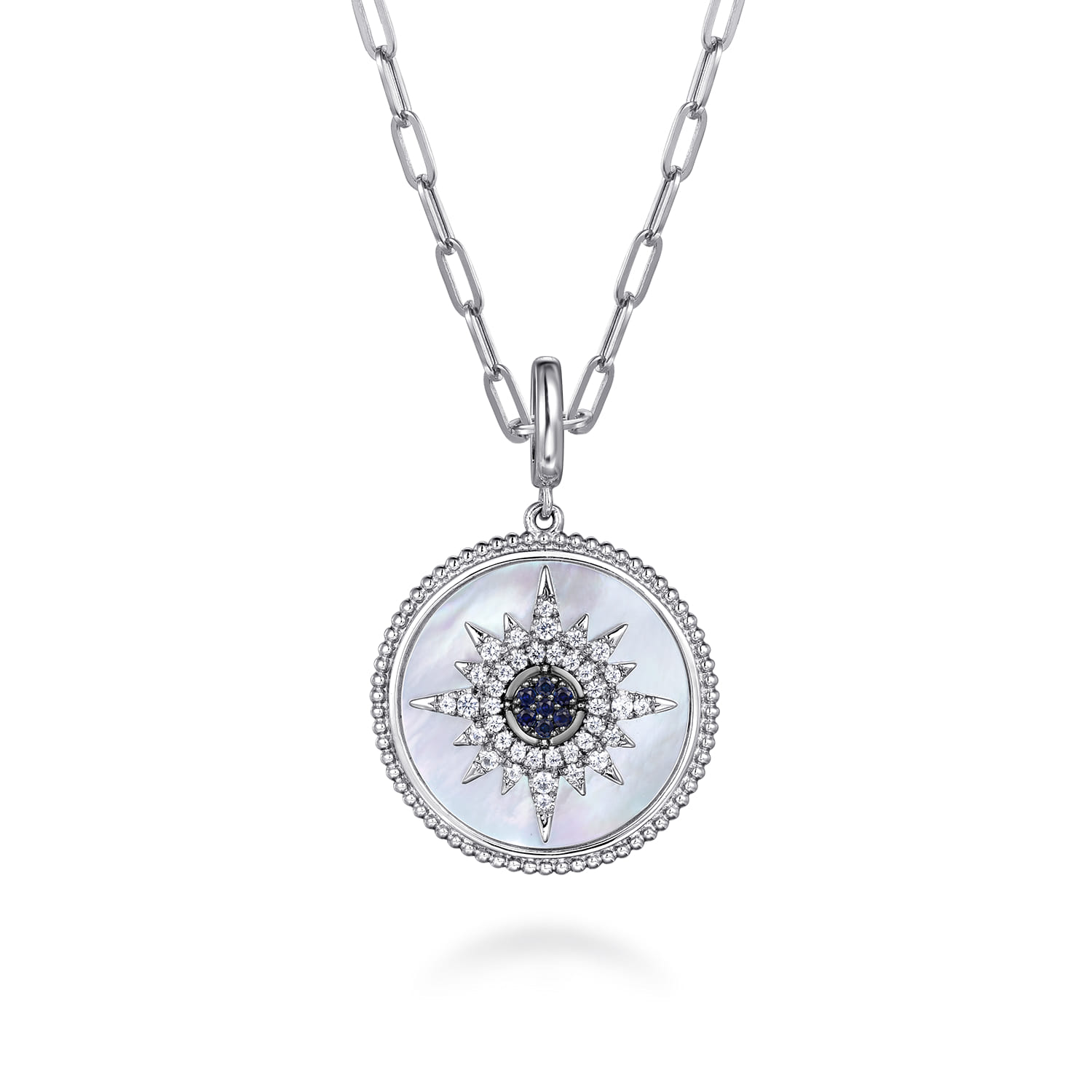 Blue Sapphire and White Sapphire Medallion Pendant 24mm-Bujukan in Sterling Silver, photograph 3