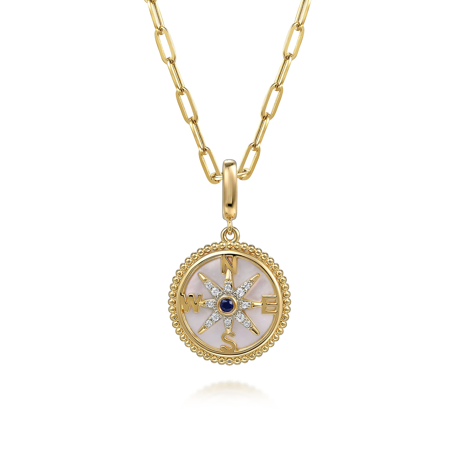 18mm Bujukan Diamond Compass Mother of Pearl Medallion Pendant With Detachable Bail in 14K Yellow Gold, photograph 3