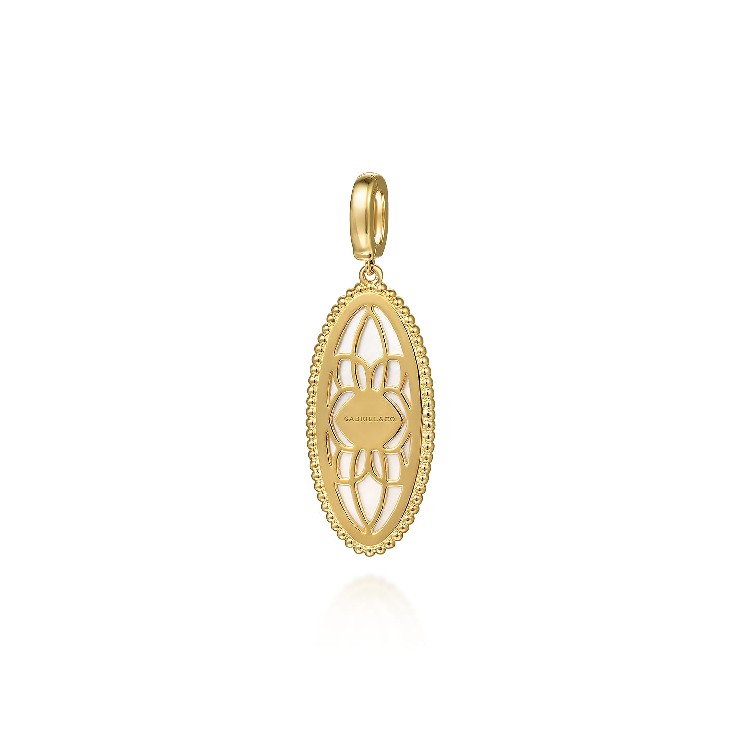 Diamond and White Mother of Pearl Bujukan Oval Shape Medallion Pendant With Detachable Bail in 14K Yellow Gold, photograph 2