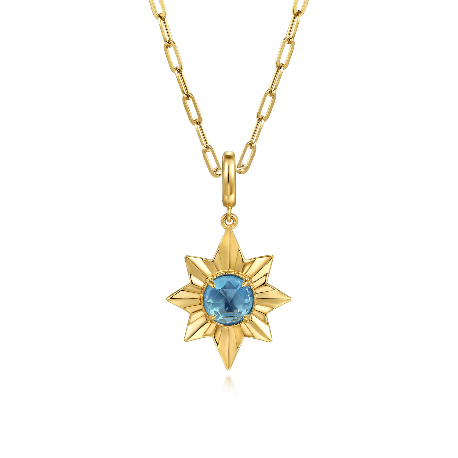 Diamond Cut Blue Topaz Starbust Medallion Pendant in Size 20mm With Detachable Bail in 14K Yellow Gold, photograph 3