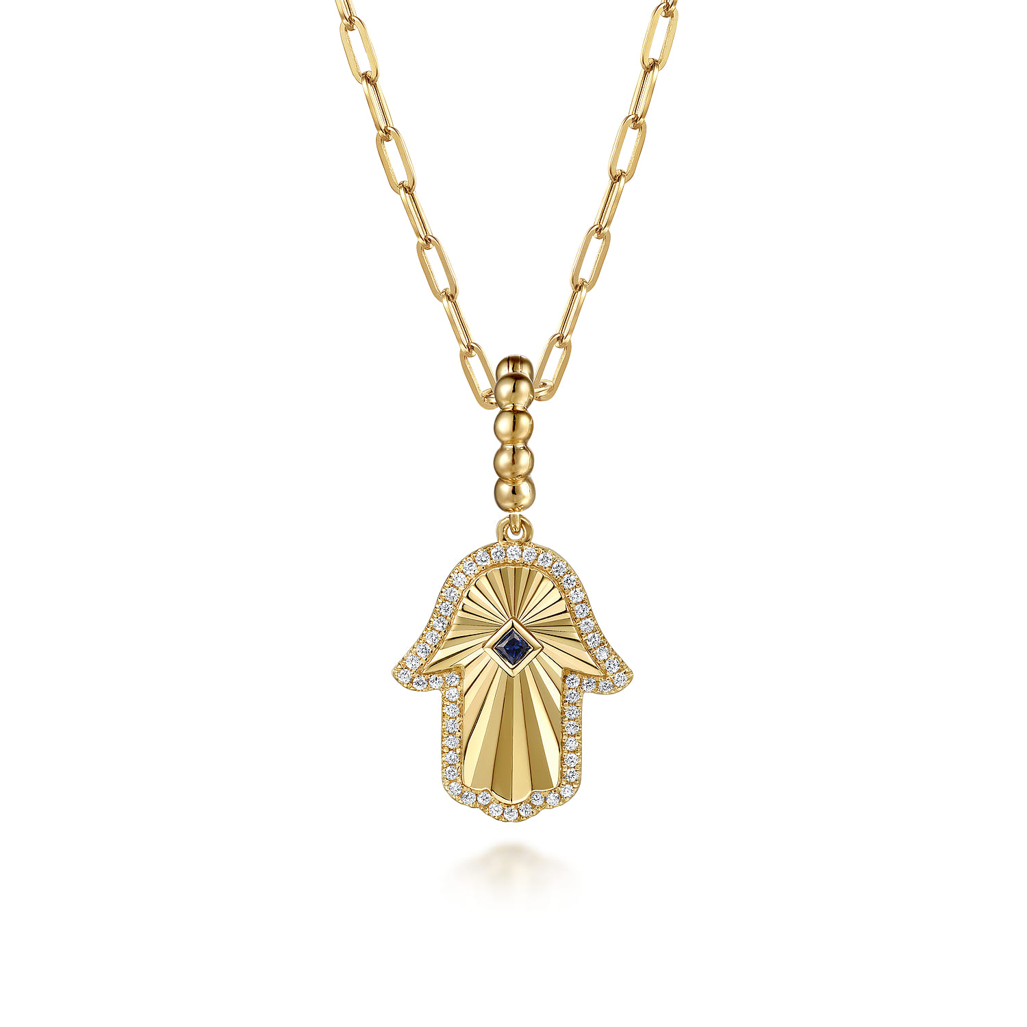 Diamond and Blue Sapphire Bujukan Hamsah Charms With Detachable Bail in 14K Yellow Gold, photograph 3