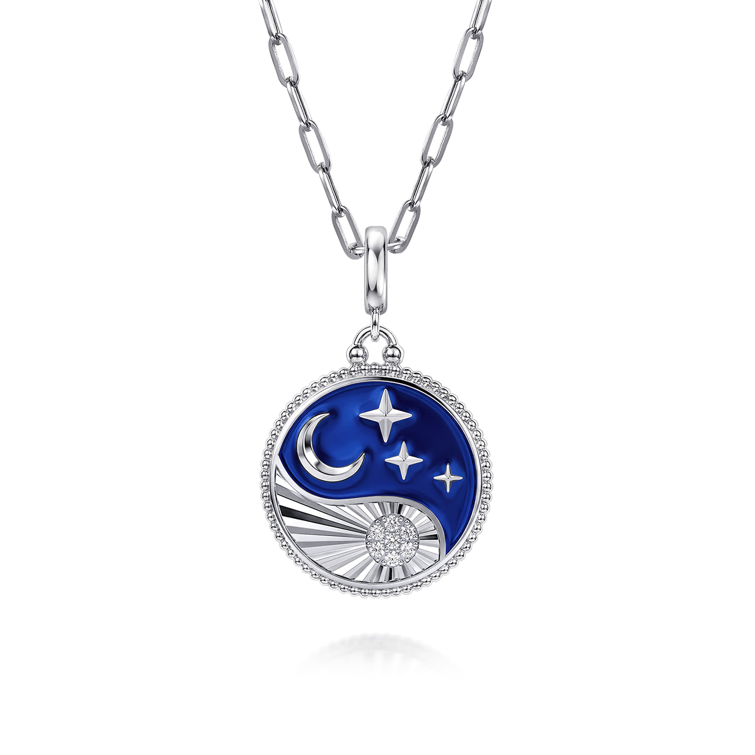 Bujukan White Sapphire Medallion in Size 24mm with Detachable Bail and Chrome Blue Enamel in Sterling Silver, photograph 3