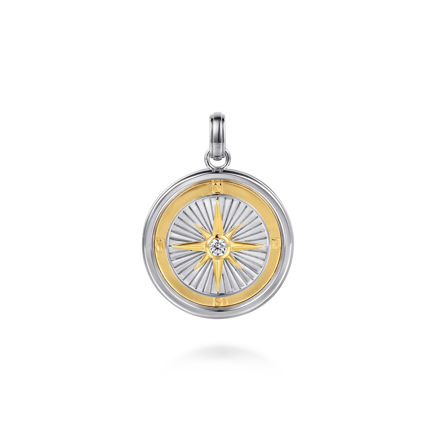and Compass Pendant with White Sapphire in 14K Yellow Gold