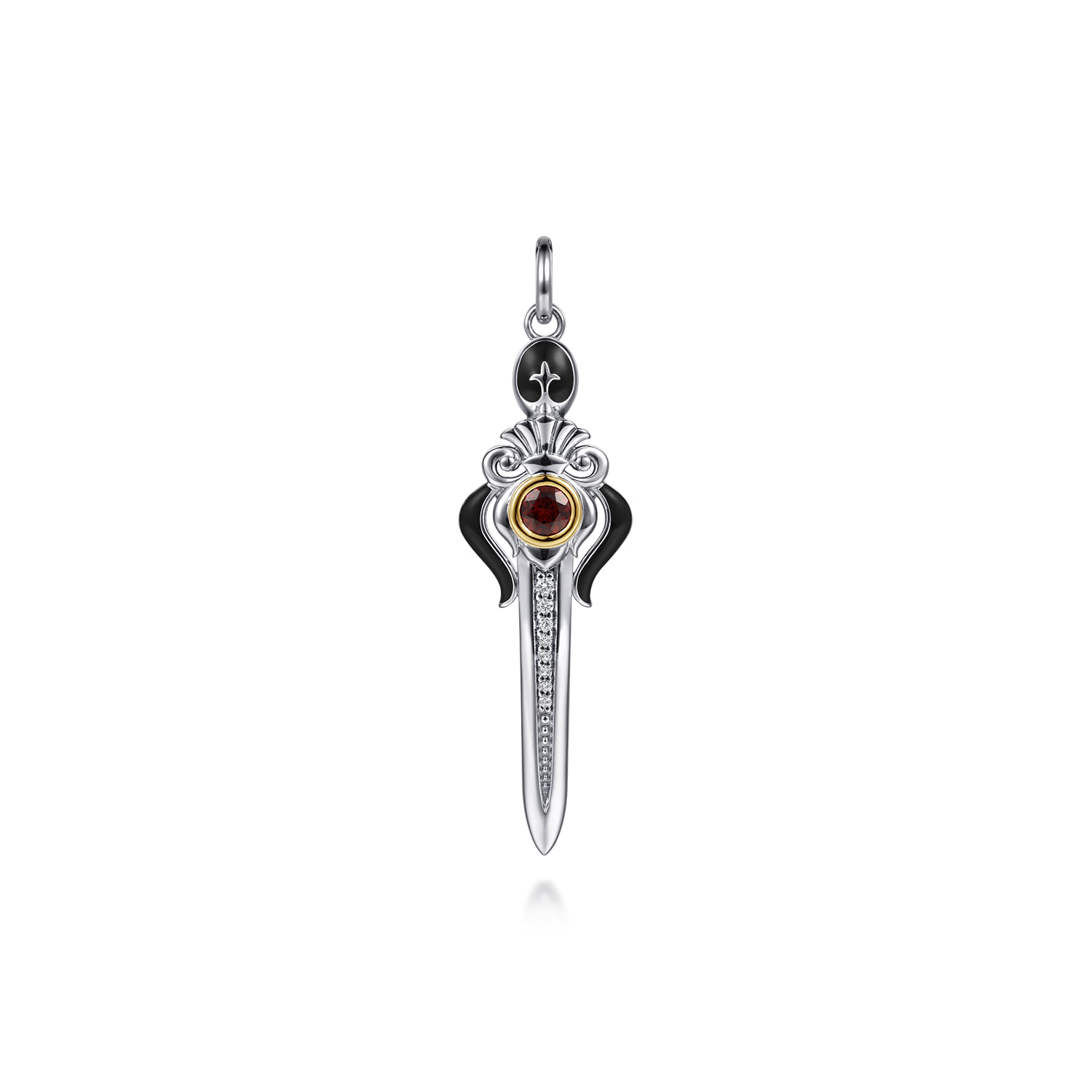 and Garnet and White Sapphire Dagger Pendant with Black Enamel