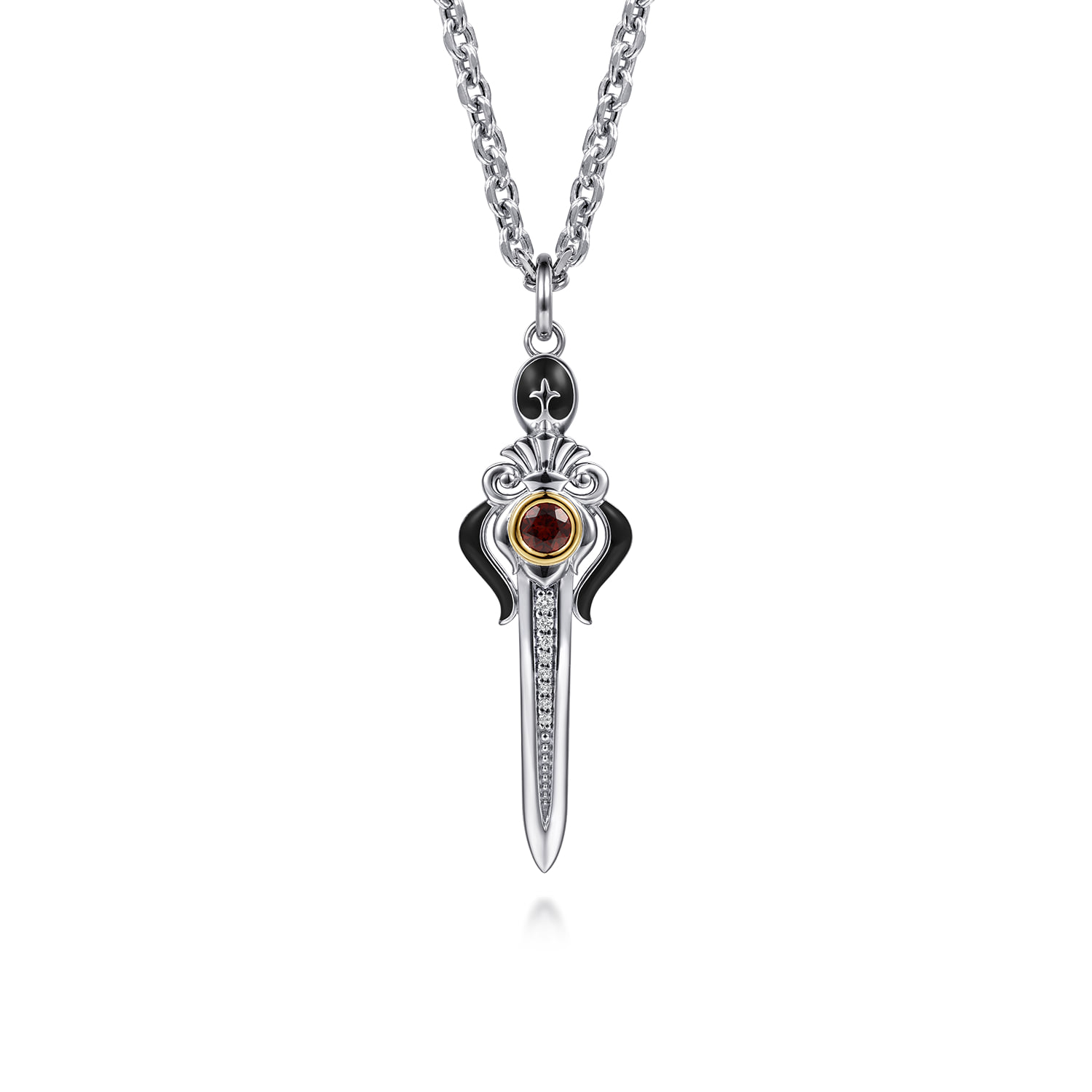 and Garnet and White Sapphire Dagger Pendant with Black Enamel in 14K Yellow Gold, photograph 3