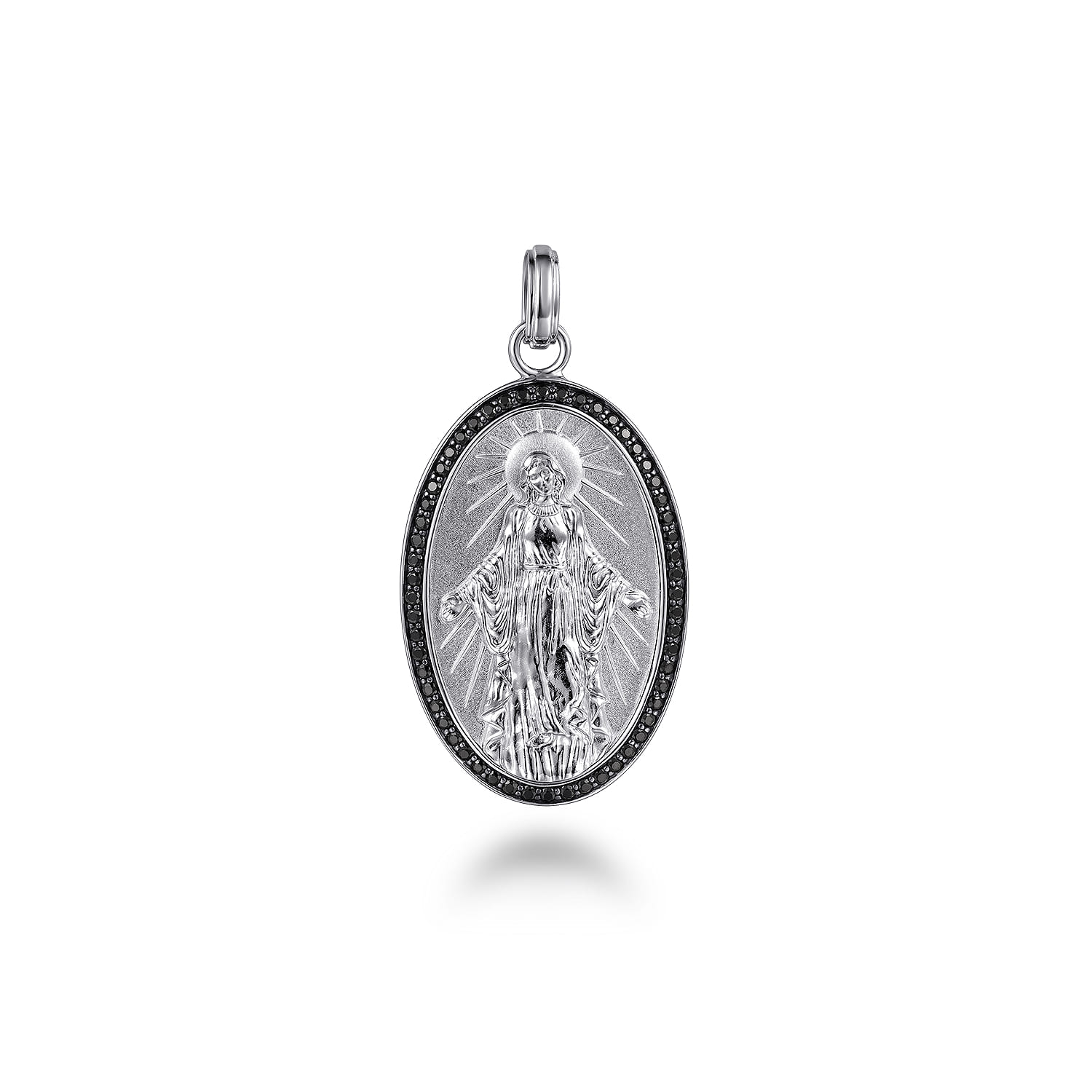 Oval Virgin Mary Pendant with Black Spinel Frame in Sterling Silver