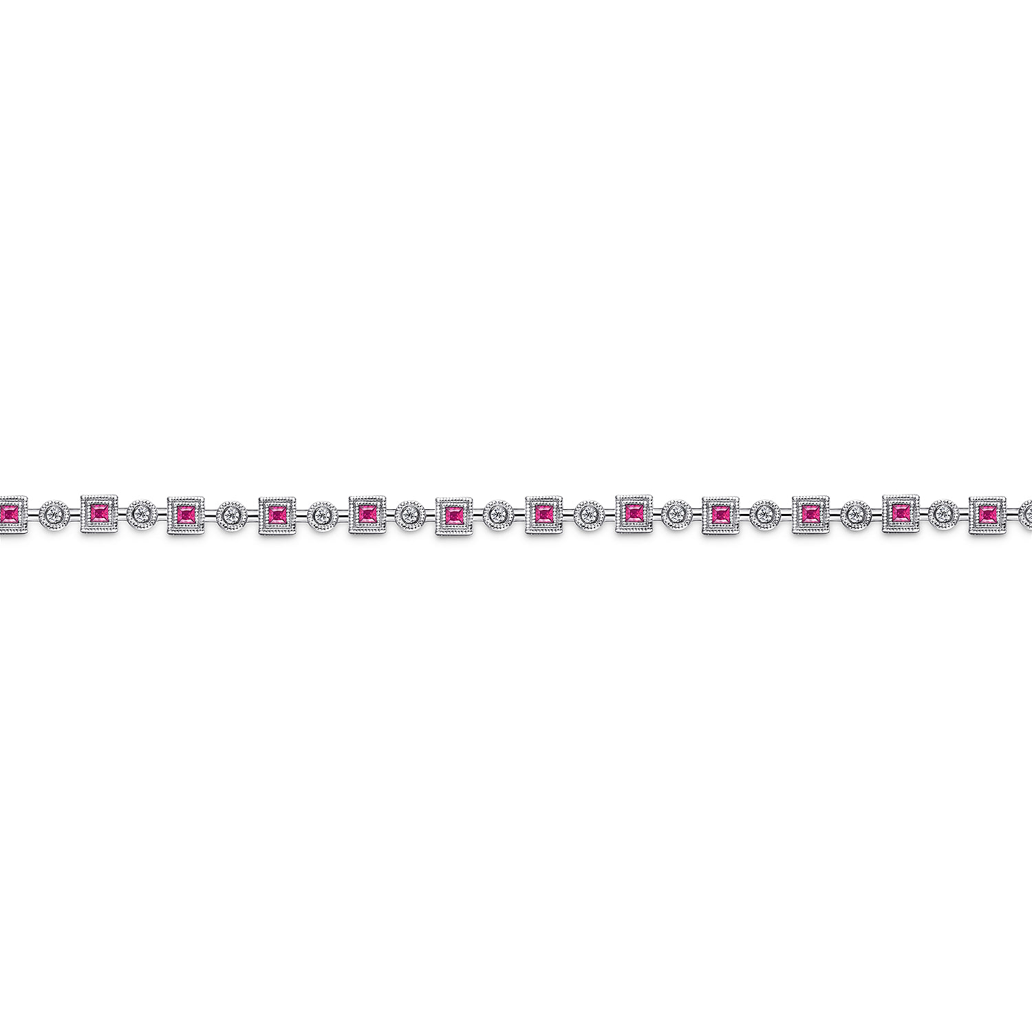 Geometric Diamond and Ruby Tennis Bracelet in 14K White Gold, photograph 2