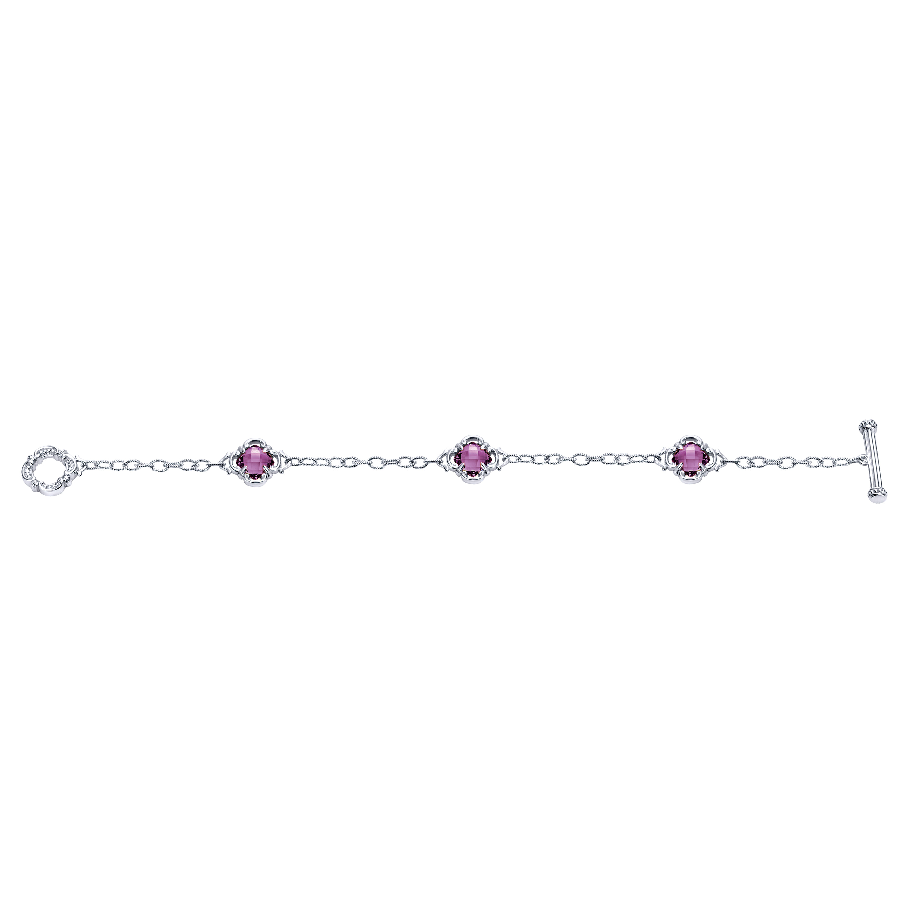 Toggle Bracelet with Amethyst Clover Stations in Sterling Silver, photograph 3