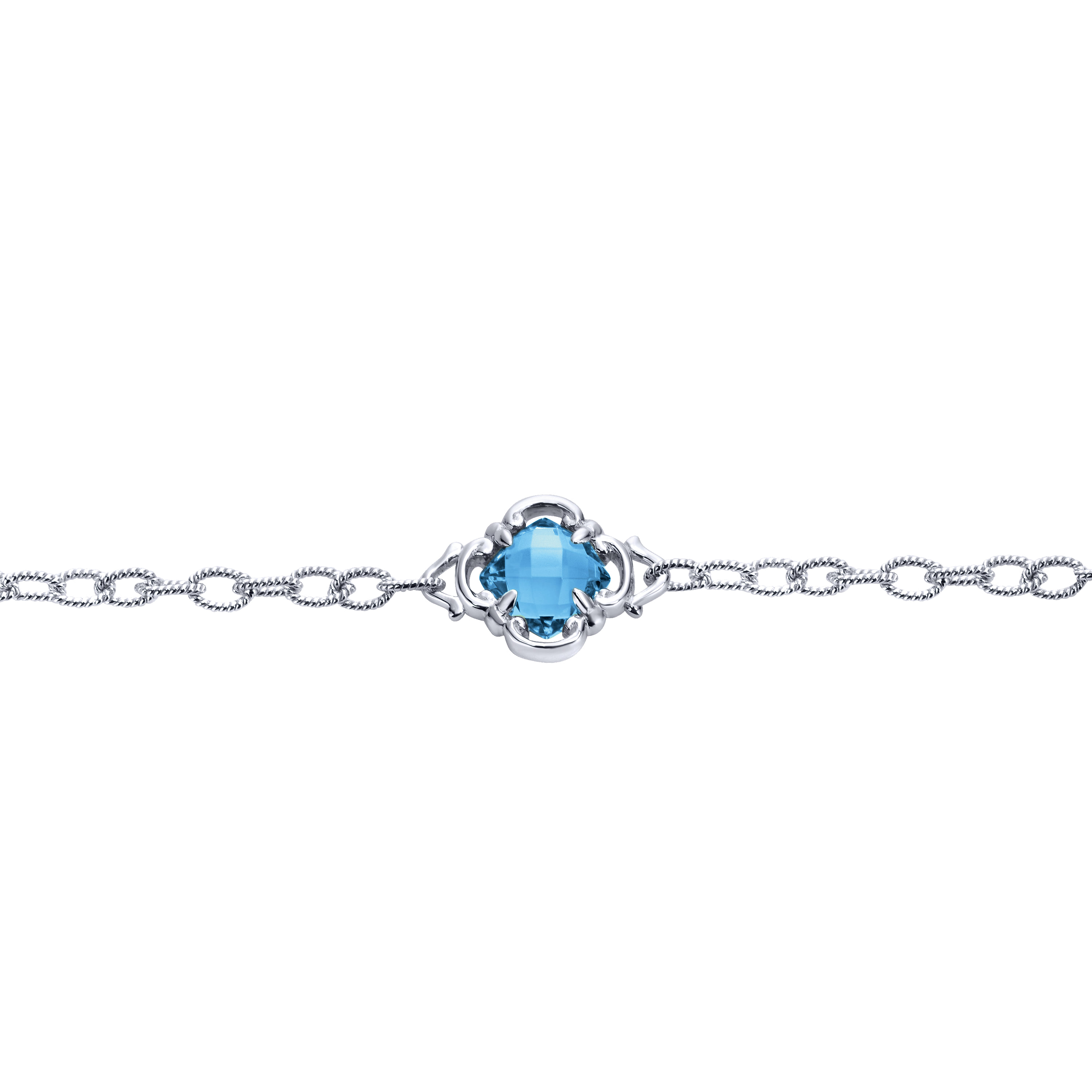Toggle Bracelet with Blue Topaz Clover Stations in Sterling Silver, photograph 2