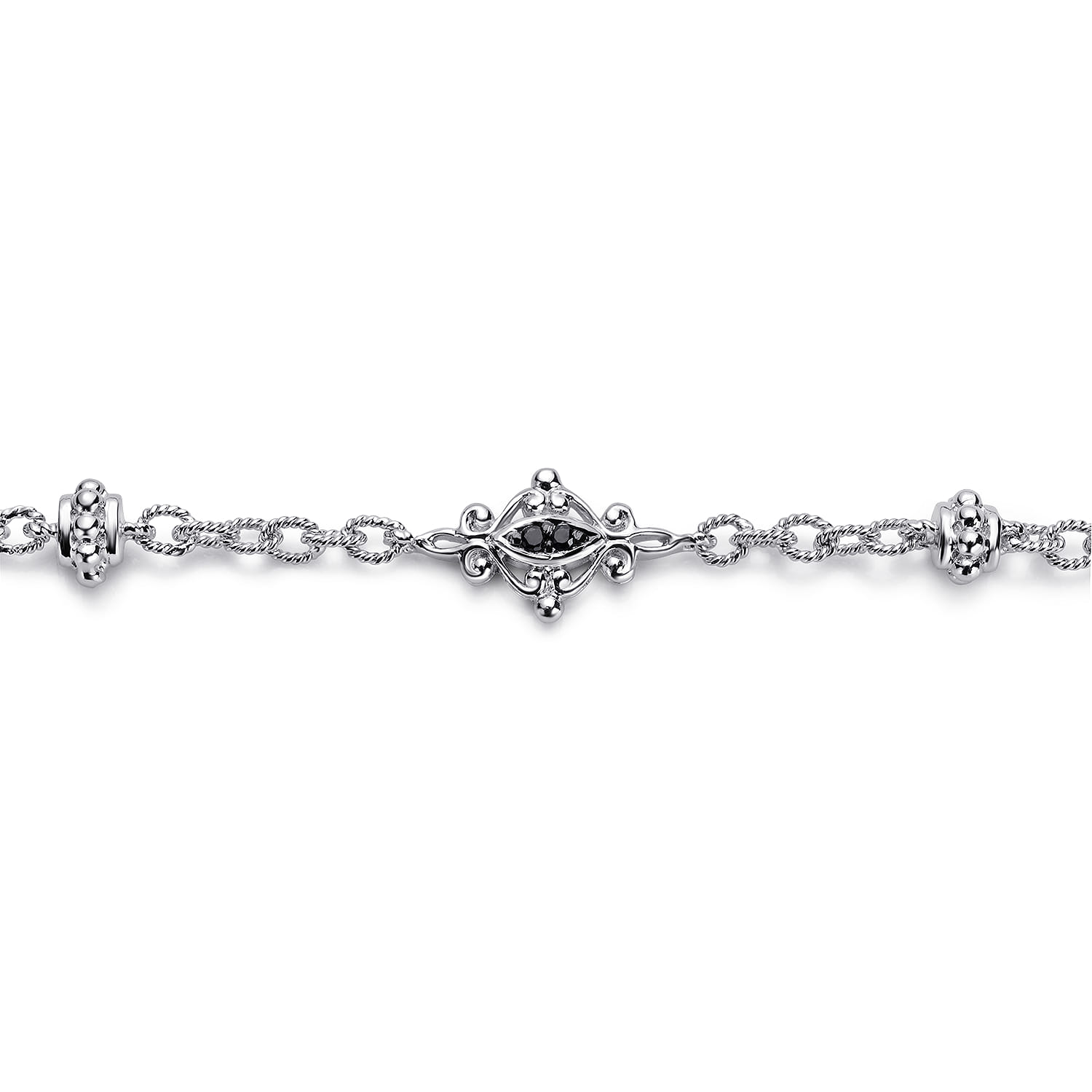 Filigree and Black Spinel Station Bracelet in Sterling Silver, photograph 2