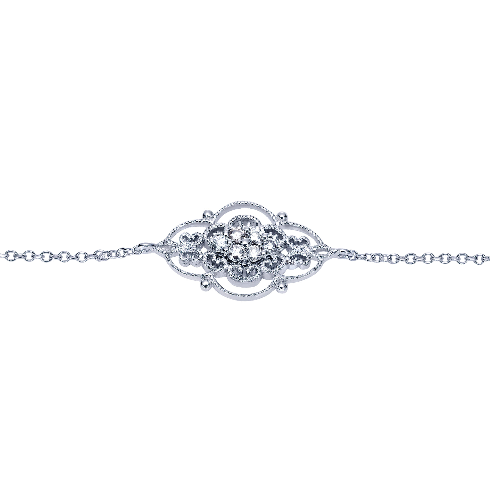 Chain Bracelet with Diamond Filigree Center Station in 14K White Gold, photograph 2