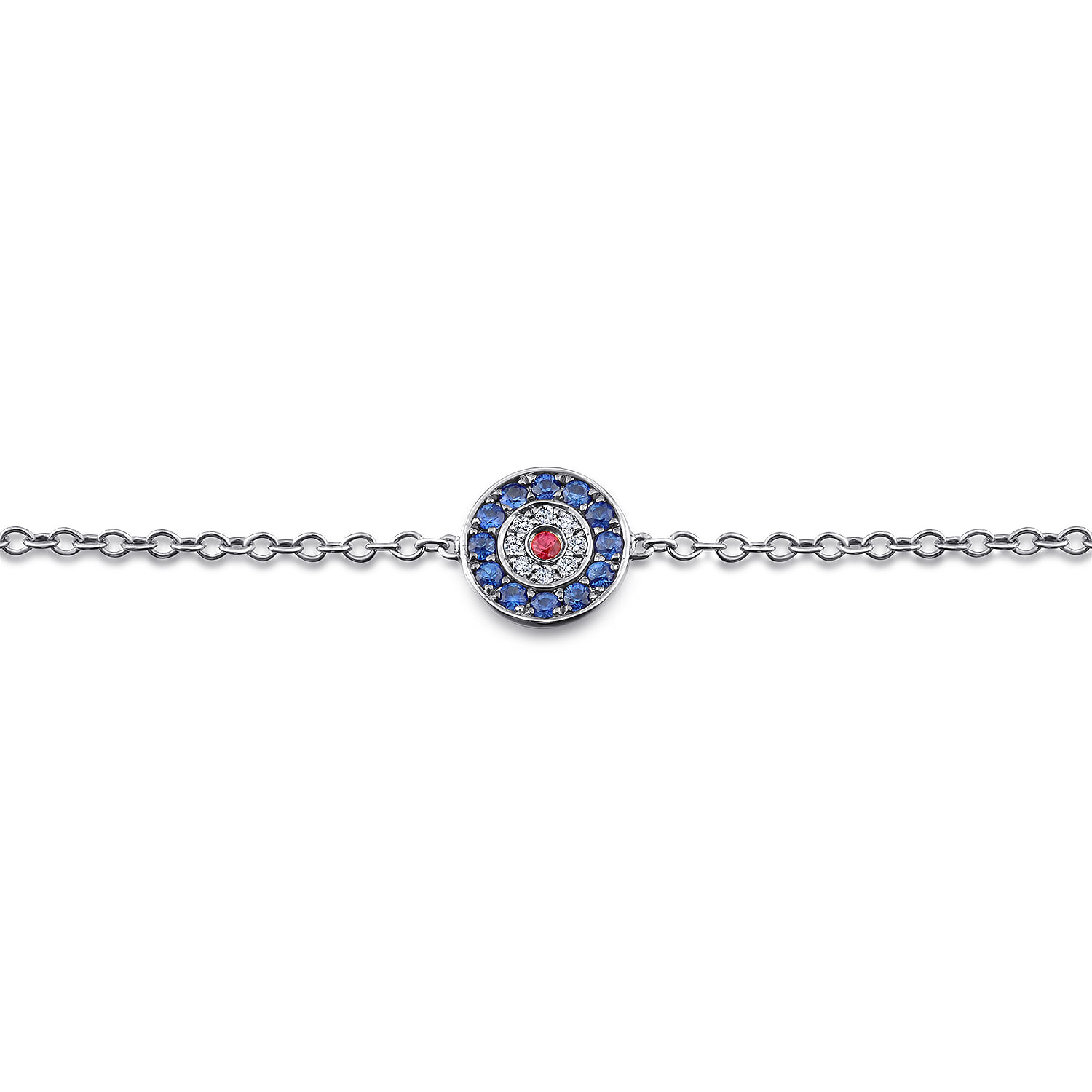 Round Sapphire Diamond and Ruby Evil Eye Bracelet in 14K White Gold, photograph 2