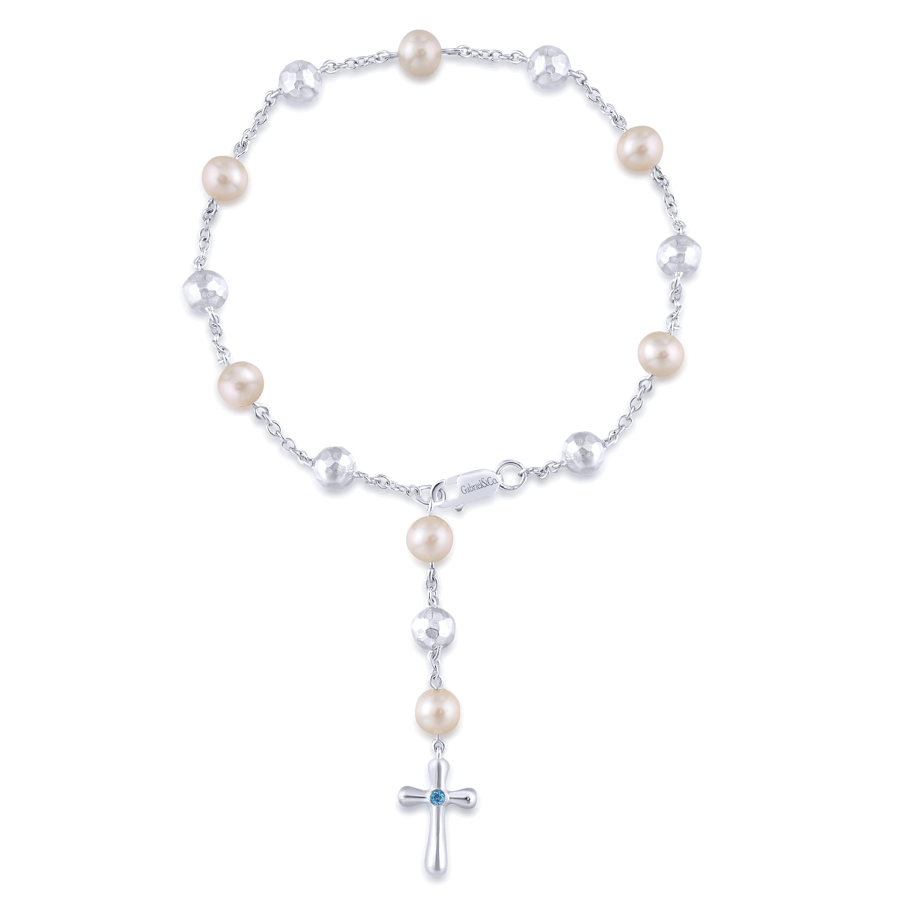 Pearl Rosary Bracelet with Blue Topaz Stone Cross in Sterling Silver