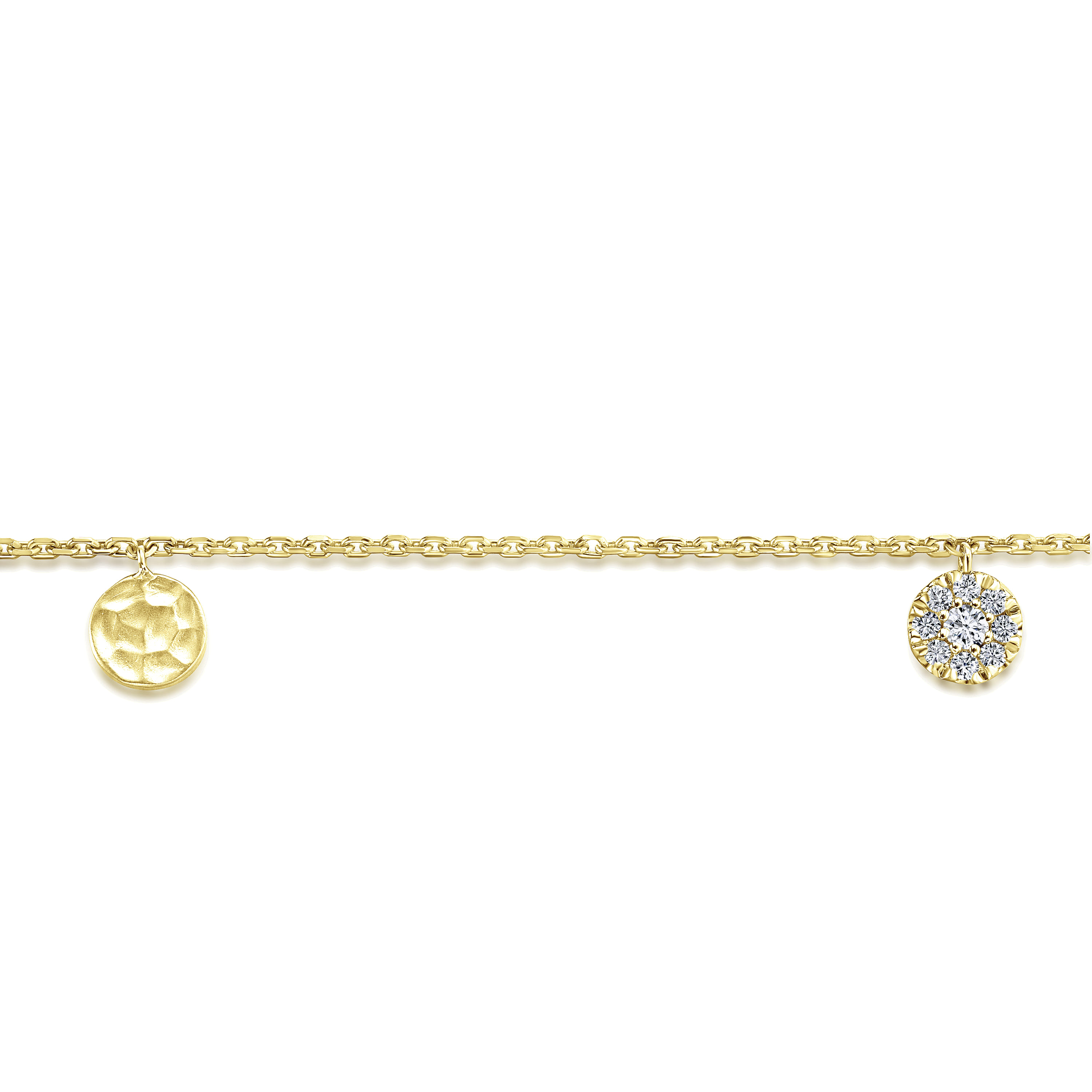 Chain Bracelet with Hammered and Pave Diamond Discs in 14K Yellow Gold, photograph 2