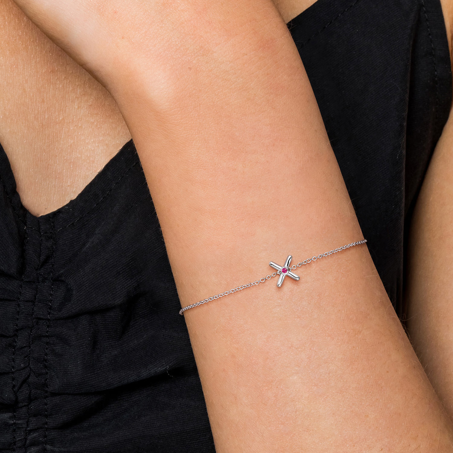 Chain Bracelet with Ruby X Charm in Sterling Silver, photograph 3