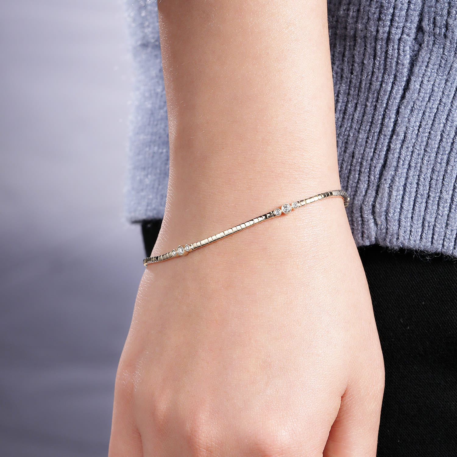 Tennis Bracelet with Bezel Set Diamond Stations in 14K Yellow Gold, photograph 3