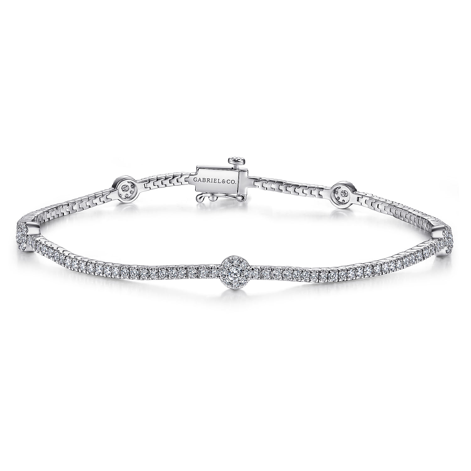 Diamond Tennis Bracelet with Cluster Stations in 14K White Gold