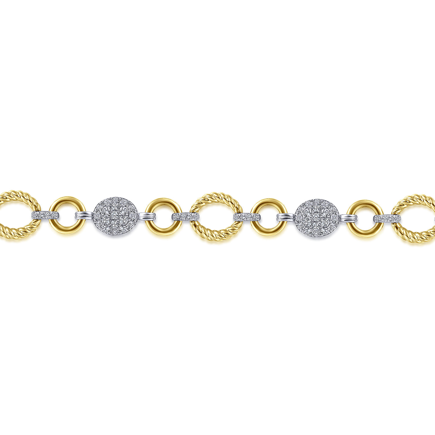 Twisted Rope Link Bracelet with Pave Diamond Cluster Stations in 14K White/Yellow Gold, photograph 2
