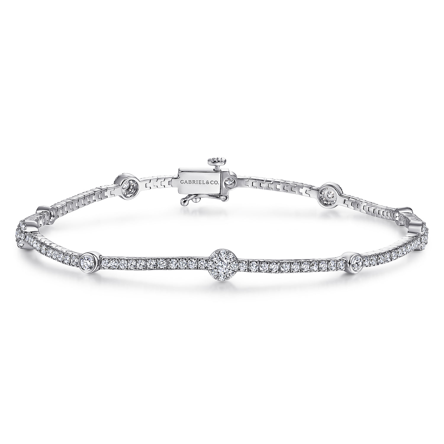 Diamond Tennis Bracelet with Cluster Stations in 14K White Gold