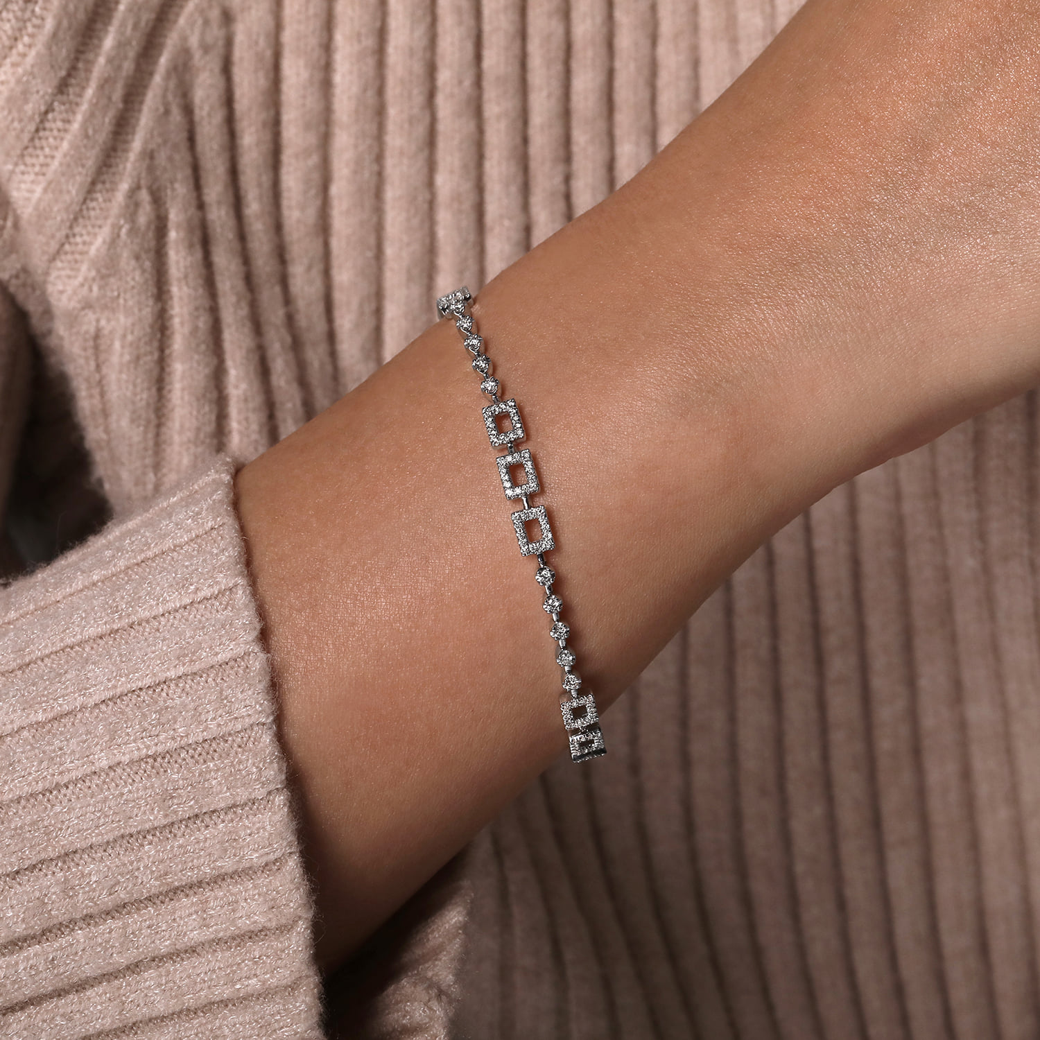 Buttercup Diamond Tennis Bracelet with Rectangle Stations in 14K White Gold, photograph 3