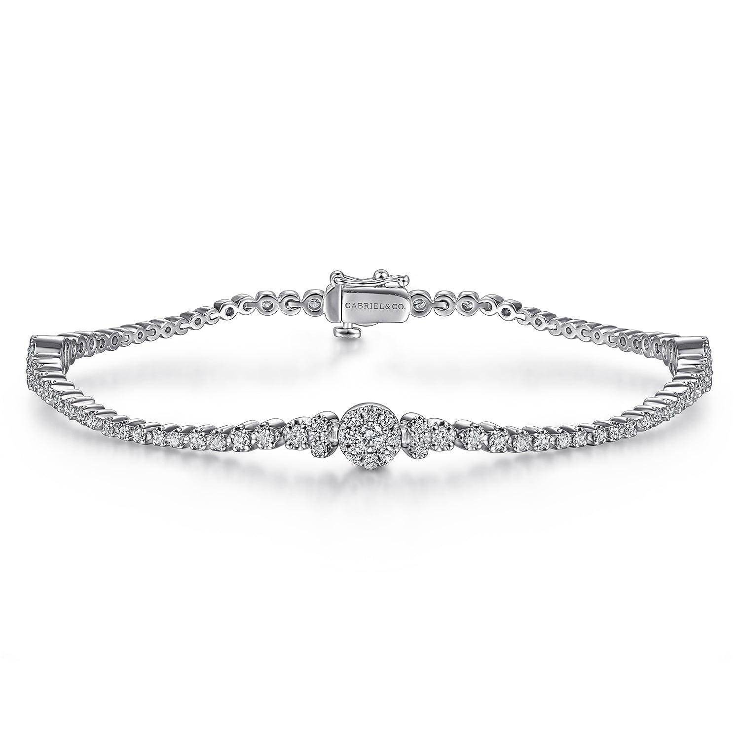 Diamond Tennis Bracelet with Cluster Stations in 14K White Gold