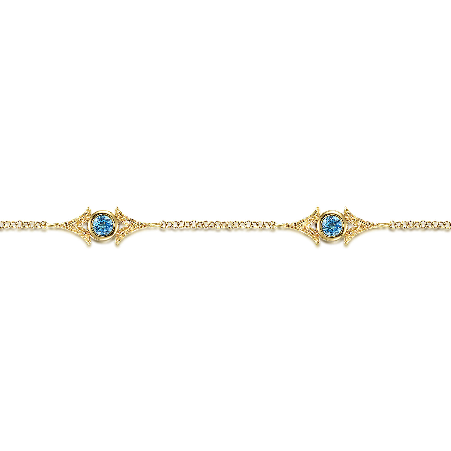 Chain Bracelet with Blue Topaz Triangle Stations in 14K Yellow Gold, photograph 2