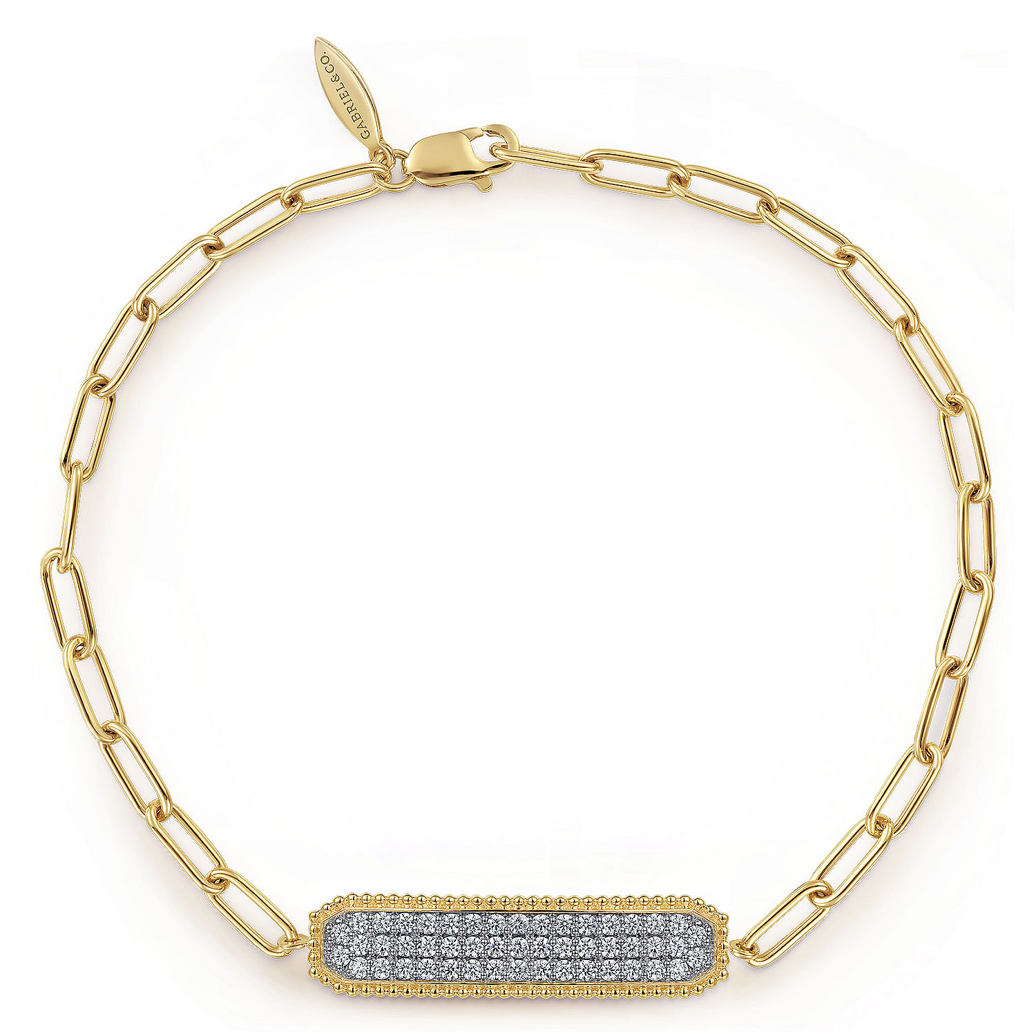 14K Yellow Gold Diamond Pave Wide Bar Hollow Chain Bracelet