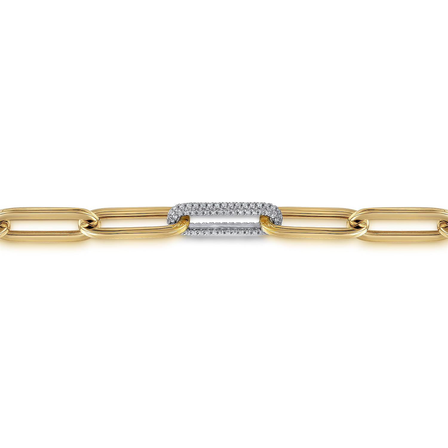 Hollow Paperclip Chain Bracelet with Diamond Pave Link Stations in 14K White/Yellow Gold, photograph 2