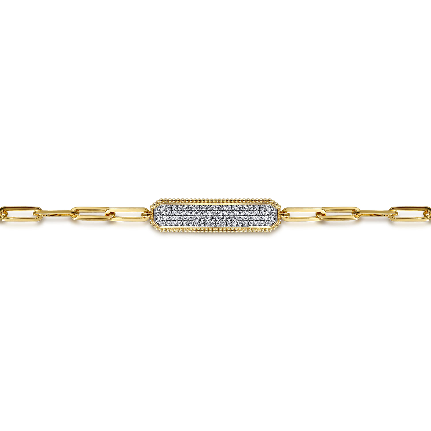 Hollow Paperclip Chain Diamond Pave ID Bracelet in 14K Yellow Gold, photograph 2