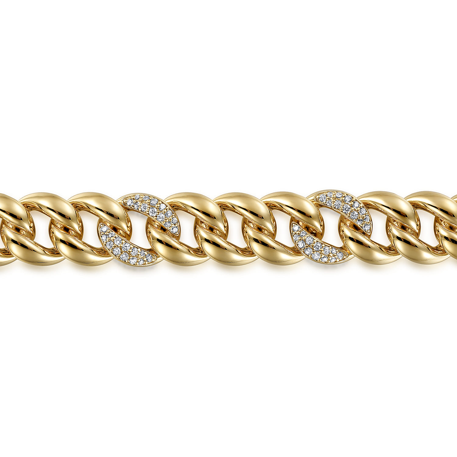 10mm Hollow Cuban Link Tennis Bracelet with Pave Diamond Stations in 14K Yellow Gold, photograph 2
