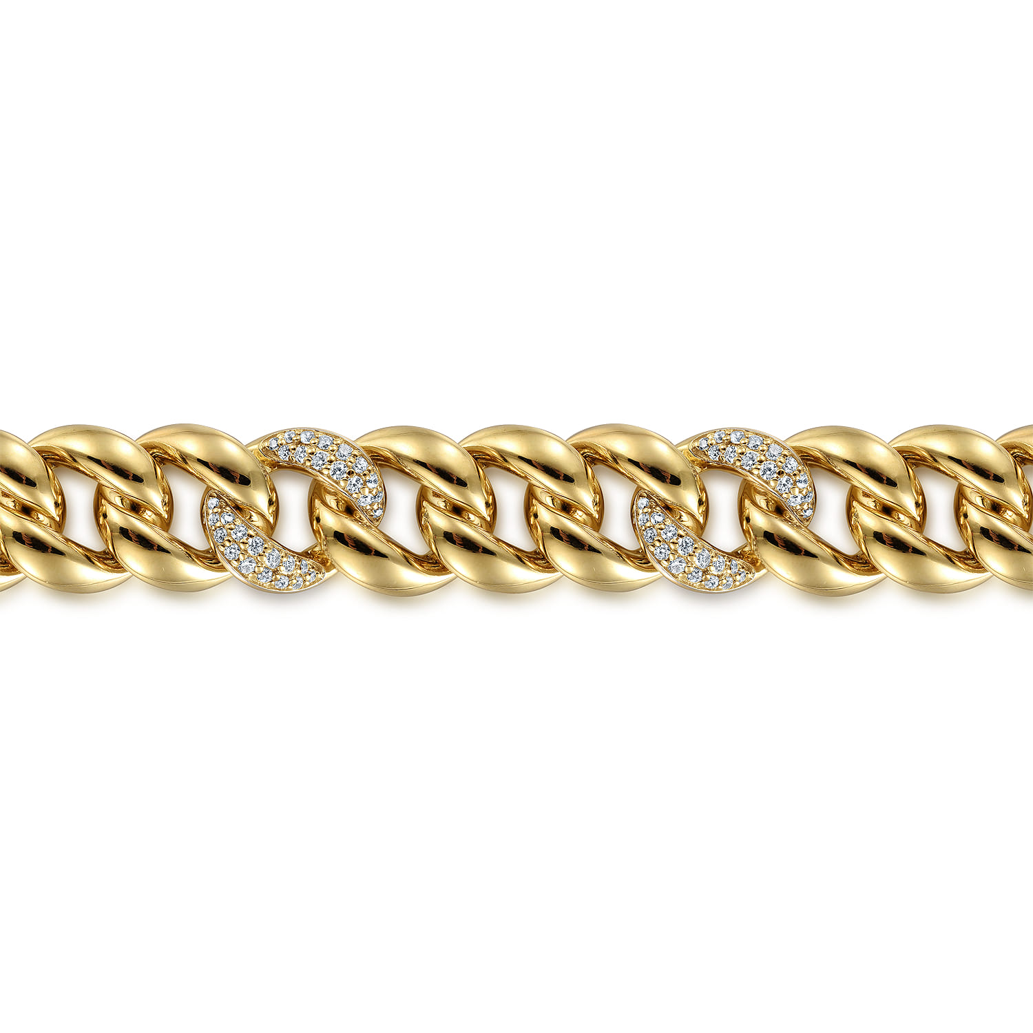 12mm Hollow Cuban Link Tennis Bracelet with Pave Diamond Stations in 14K Yellow Gold, photograph 2