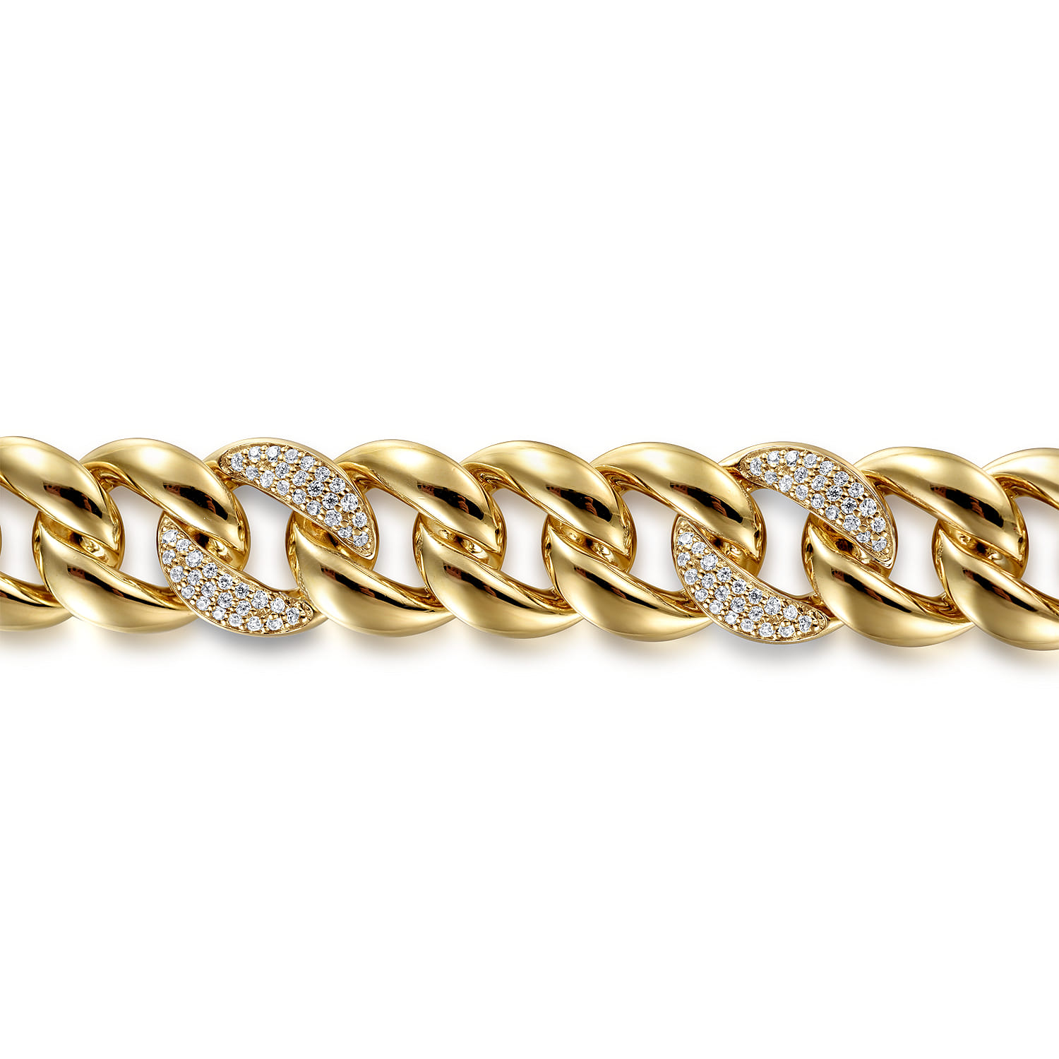 14mm Hollow Cuban Link Tennis Bracelet with Pave Diamond Stations in 14K Yellow Gold, photograph 2