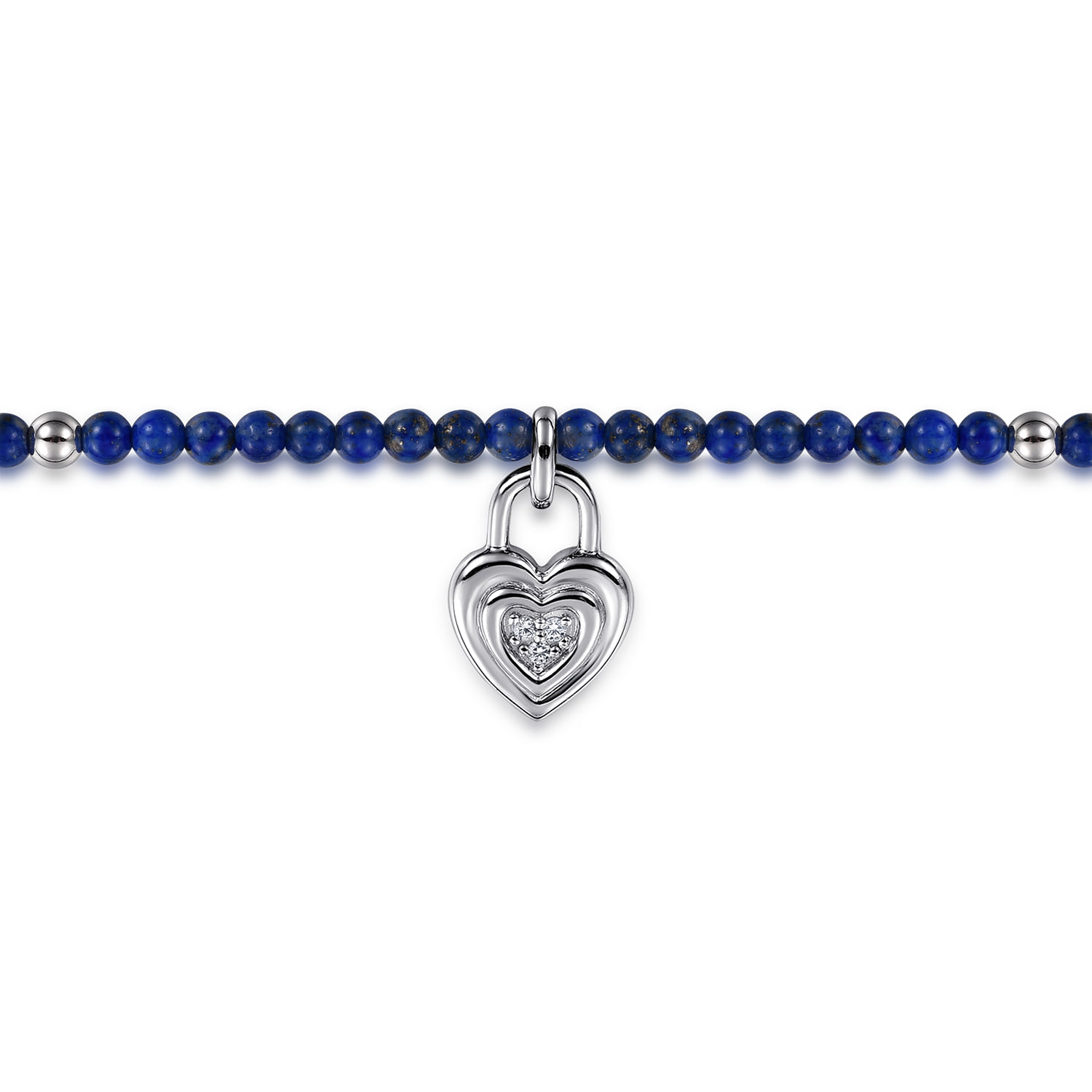 White Sapphire Lock and Lapis Bead Bracelet in Sterling Silver, photograph 2