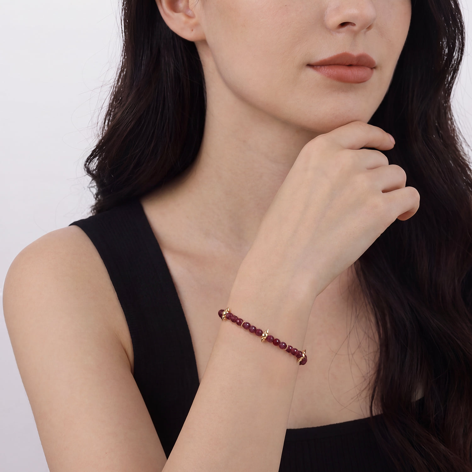 Bujukan and Pink Tourmaline Spike Station Beaded Bracelet in 14K Yellow Gold, photograph 3